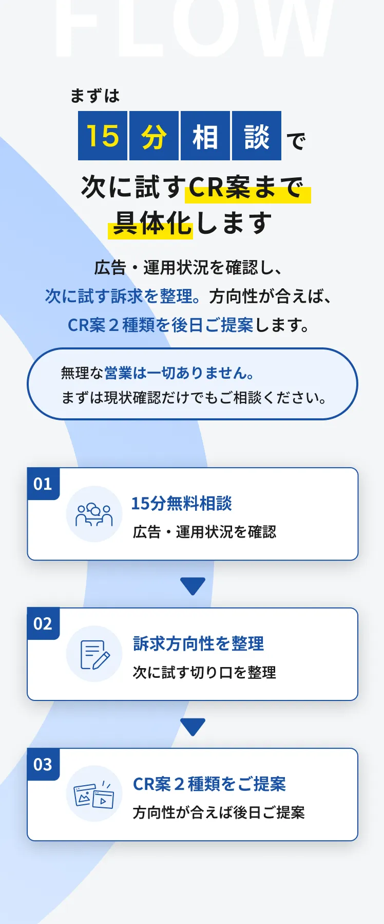 まずは15分相談で次に試すCR案まで具体化します